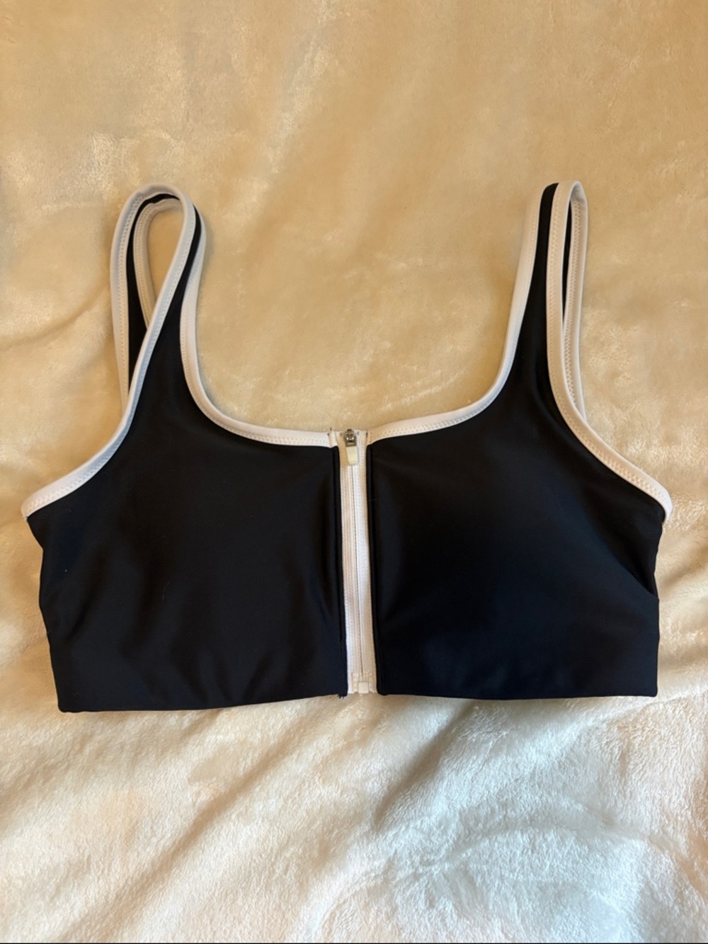 Black Zip-Front Bikini Top with White Trim